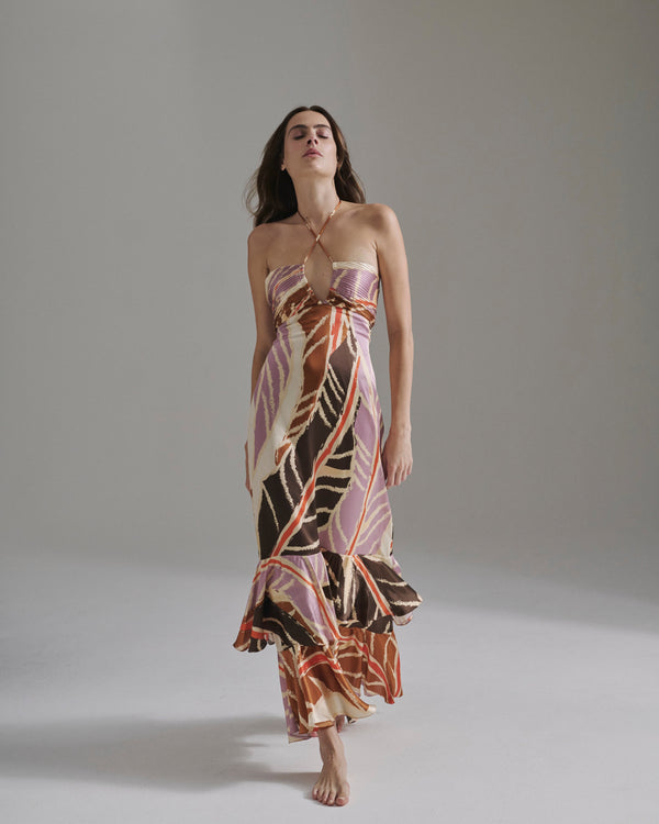 Sevillana Satin Silk Dress / Lilac Platanera Leaves